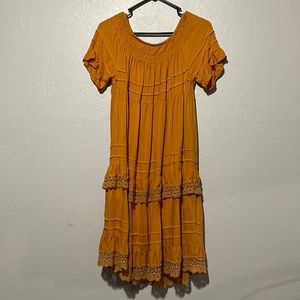 mustard yellow dress, hangs off shoulders, size small